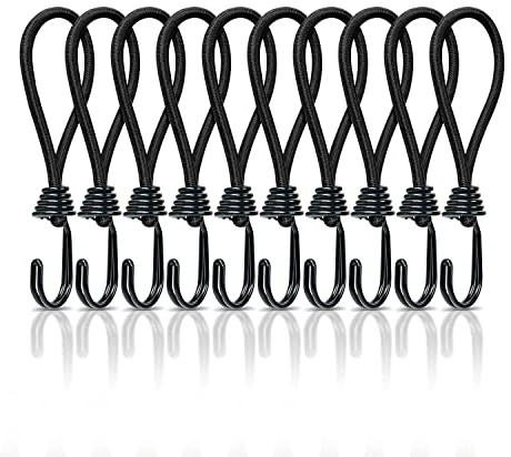 INCETUE 10 Stück Kurz Spanngummi mit Haken, 15cm Planenspanner mit Karabinerhaken Schlinge, Extra Stark Gummiseile, Expanderhaken,Spanngurte mit Spiralhaken, Gummispanner für Planen, Zelte - Schwarz