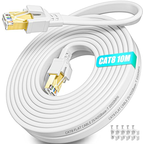 LAN Kabel 10 Meter Cat 8 Netzwerkkabel Flach Hochgeschwindigkeits 10m Cat8 | Ethernet Kabel 10m Geschirmt 40Gbps 2000MHz Internetkabel 10m Weiß RJ45 Gigabit Patchkabel für Modem Router Switch