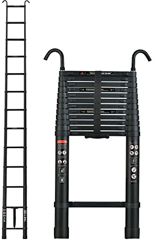 5M Aluminium Teleskopleiter, Klappleitern Teleskop Ausziehbare Leiter Klappleiter mit 2 Haken, Alu Klappleiter Tragbare Mehrzweckleiter für Wohnmobile Loft im Freien, Laden Sie 150Kg (Schwarz)