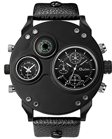 JewelryWe Herrenuhr Analog Quarz Kompass Zwei Zeitzone Armbanduhr Männer Leder Armband Uhr Sportuhr mit großem Runden Zifferblatt Geschenk