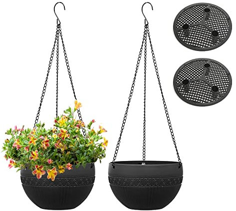 MissFox 2 Stück Blumenampel Außen, Selbstbewässerung Hängende Blumentöpfe mit Rostfrei Ketten, Hängeblumentöpfe Kunststoff mit Ablaufloch, Hängeampeln für Innen Draußen Decken Balkone Wanddekoration