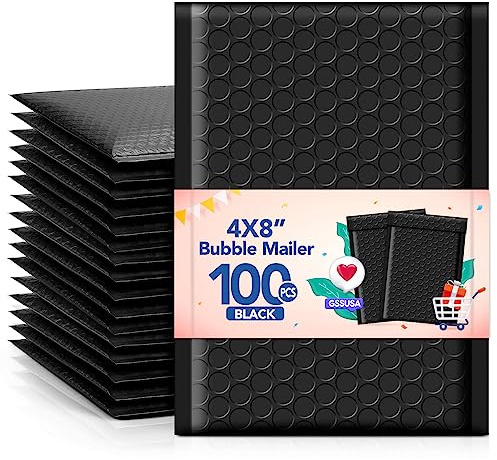 GSSSUSA Bubble Mailers 4x8 Inch 100 Pack Padded Envelopes Usable Size 4x7 Inch Shipping Envelopes Self Seal Small Packaging Shipping Bags for Mailing Jewelry, Small Business, Black