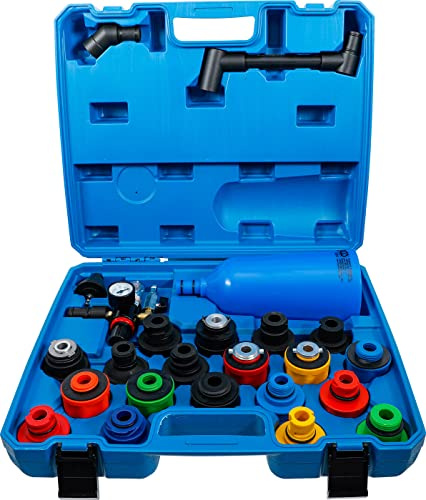 BGS 72213 | Öl-Einfülltrichter-Satz | Kunststoffausführung | 24-tlg. | 2 l Trichter | 19 spezifische Adapter | Druckluft-Einheit mit Druckminderer | abgewinkelte Verlängerung