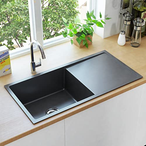 WIFESE Handgemachte Einbauspüle 87x44x20 cm Lebensmittelqualität Küchenspüle Spülbecken Schwarz Küchenspülen Spülen Waschbecken Küche Spültisch mit Sieb Edelstahl Becken und Abtropffläche