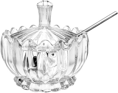 Bol à Sucre/Pot Bidon Distributeur Pot à Épices Assaisonnement de Sel, Pot à Épices en Verre Cristal Boîte d'assaisonnement Pot à Condiments Sucrier avec Cuillère à Couvercle en Acier Inoxydable ( Col