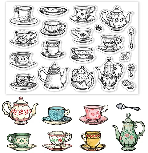 GLOBLELAND Klare Stampl Schöne Tasse Tee Transparente Stempel Schöne Tasse Tee Silikonstempel Schalen Kaffeelöffel Clear Stamps für für DIY Journal Scrapbooking Fotoalbum Kartenherstellung