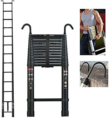 Aluminum Telescoping Ladder with Hooks, 20.3FT Black Telescopic Ladder One Button Retraction Portable Extension Ladder Folding Loft Roof Attic RV Ladder for Home and Outdoor Work, 330lbs Capacity