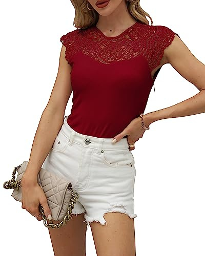 Hount Damen Top Spitzen Bluse Rundhals Elegant Oberteile Basic Ärmelloses Sommer T Shirt Top