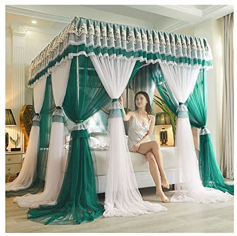MIDUNU 4 Ecken Pfosten-Himmelbett-Vorhang, Prinzessin, bestickte Spitze, Rüschen, Betthimmel, Betthimmel-Vorhang für Mädchen und Erwachsene, Doppellagiges, transparentes Netz-Moskitonetz