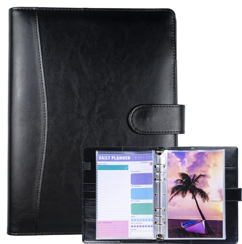5.5x8.5 Inch Faux Leather Notebook with 30 Pack 60 Pockets Sleeve Refill Pages,6 Ring A5 Binder Album Collection Holder Book, Ultra-Clear Photo Binder Protector, Double-Sided and Top Loading
