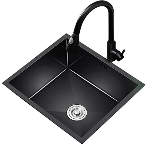 Einzelbecken, schwarze Bar, Balkon, kleines Waschbecken, Einzelbecken, Edelstahl-Küchenspüle, Waschbecken, Aufsatzwaschbecken, Waschbecken mit Fallrohr-Siphon (Farbe: Schwarz, Größe: 42 x 35 cm) (Sc