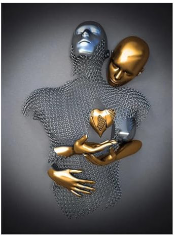 PTATT Moderne Metallfigur Skulptureneffekt Drucke Plakate, Liebhaber Skulpturen Wandbilder Für Wohnzimmer Home Dekoration, Goldenes Und Silbriges Romantisches Paar Umarmun C-70 * 100cm