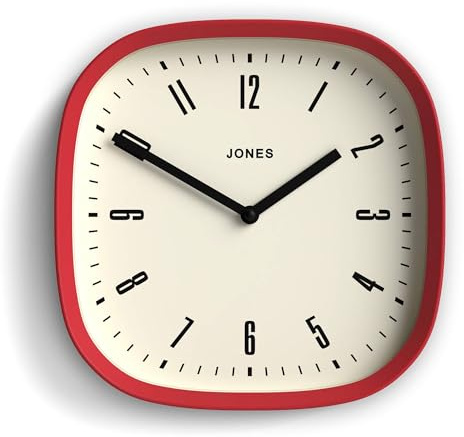 JONES CLOCKS® Marvel Wanduhr | Moderne Retro runde, quadratische Uhr | 25 cm | Rot | Cooler Designer-Look für küche, Wohnzimmer oder büro