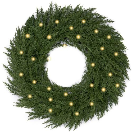 Valery Madelyn 61cm/24zoll Türkranz Weihnachten mit Beleuchtung 30 Led Lichtern, Faltbarer Haustür Weihnachtskranz, Grün Adventskranz Weihnachtsdeko, DIY Tannenkranz Tischkranz aus Kunststoff