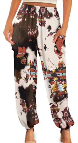 UNICEU Navajo Geometric Cow Print Casual Harem Pants for Women Kung Fu Pants Tai Chi Pants Long Baggy Sports Loose Yoga Sweatpants