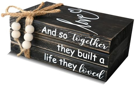 GNIYNAY Black Wood Book Stack Home Decor - Farmhouse Stacked Books - Coffee Table Faux Books Decor - Mantle Fireplace Decoration - And So Together They Built A Life They Loved Sign