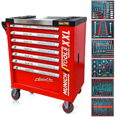 KraftMüller Servante d'Atelier Munich Tools XXL Cabinet 7/6 Rouge, sur 4 roulettes 7 tiroirs Dont 6 outillés - 1 Placard Latéral, Clé Dynamo