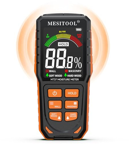 Holzfeuchtemessgerät – Präzises Feuchtigkeitsmessgerät für Holz, Wände und Baustoffe, LCD-Display, Hintergrundbeleuchtung, Ersatzstifte, Ideal für Bauprojekte und Heimwerker (MT37_DE)