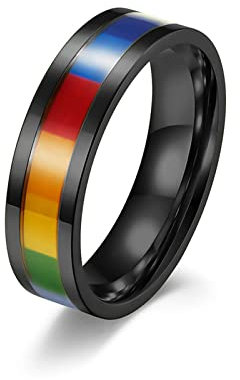 Lieson Ehering Edelstahl Damen Herren, Poliert 6MM Regenbogen LGBT Verlobungsringe Freundschaftsringe Hochzeitsringe Partnerringe für Herren Damen Schwarz Größe 52 (16.6)