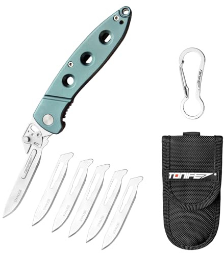 TONIFE Auswechselbare Klingen Klappmesser, Skalpell Klappmesser mit Edelstahlklingen und 5 Austauschbaren Klingen, EDC Taschenmesser für Outdoor Camping Survival Angeln (Cyan)