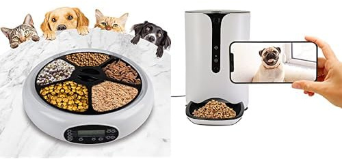 Lentek 5 Meal Automatic Pet Feeders Wet or Dry Pet Food Dispenser with Timer Speaker and Recorder + Smart Automatic Pet Feeder Cat or Dog Wet Food Dispenser Schedule Mealtimes Barking Alerts Free App