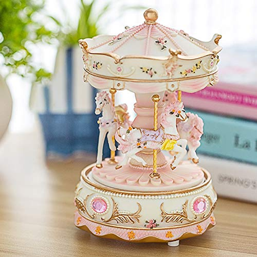 Clockwork Carousel Music Box - 3 Rotating Horses, Color-Changing LED, Timeless Melody | Luxury Home Decor for Enthusiasts, Ideal for Christmas, Birthdays, Valentine's (Pink)