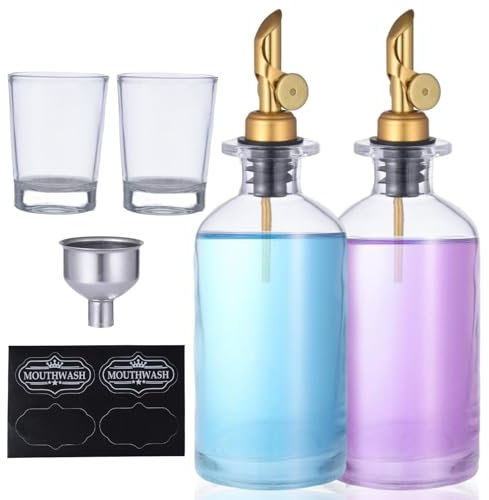 Kit dispensador para enjuague bucal – Botella de transparente de 12 oz/350 ml con boquilla, vaso de chupito, embudo y etiquetas, depósito de enjuague bucal para aceites esenciales, lociones