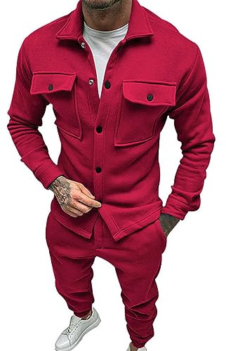 Qixiu Herren-Set, atmungsaktiv, faltig, zweiteilig, atmungsaktiv, Hemd- und Hosen-Set mit Rollärmeln Herren Jogginganzug