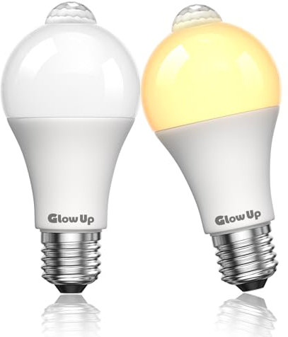 GlowUp 7W E27 Glühlampe mit bewegungsmelder EIN/AUS Automatisch A60 PIR Infrarot-LED-Lampe A60 220V 700lm äquivalent 70W Halogenlampe für Treppenhaus Garage（2Pcs, Warmweiß 2700K）