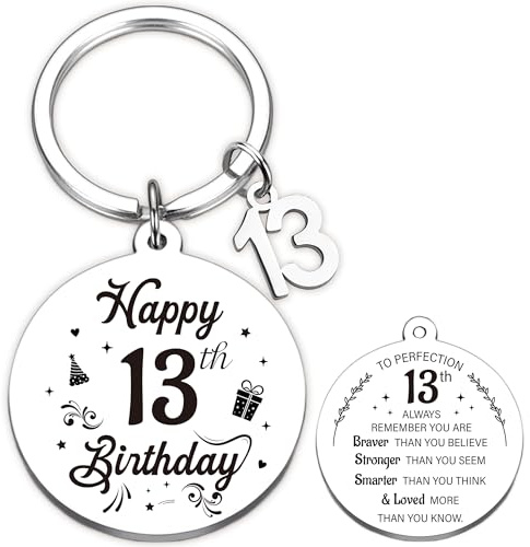 Aurmonigo Happy Birthday Gifts Keyring - Inspirational 13th Engraved Keychain for Boys and Girls, Silver Keepsake Presents from Family Grandmother Mum Dad Best Friend Key Ring Gift for 13 Year Old