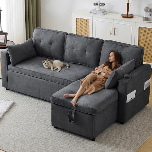 Sofa mit Schlaffunktion, Big Sofa 3 Sitzer Sofa L Form Modernes Design, Polstermöbel Loungesessel mit Stauraum und Getränkehalter, Wohnzimmer Möbel Schlafsofa, Links und Rechts Austauschbar, Grau