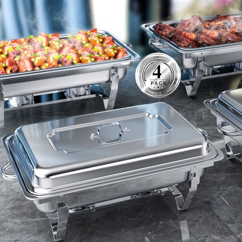 XYJBHB Chafing Dish Buffet Set of 4, Stainless Steel Chafing Dishes and Food Warmers with Lids Food Pans & Fuel Holders, 9L Buffet Trays for Restaurant Catering Parties Weddings Picnics