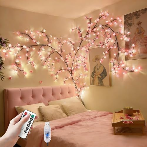 VIMAZ LED Cherry Blossom Tree Branch Lights for Wall,8 Modes Cherry Blossom Lights with 144 LED,Remote,Timer,Cherry Blossoms LED Vine Fairy Light,Decorations for Bedroom,Wall Art,Christmas