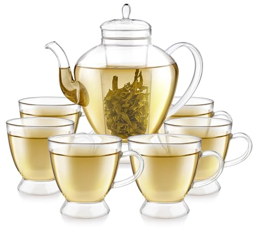 Teabloom Grand Bouquet - Juego de té de vidrio de borosilicato para seis, elegante tetera de 50 onzas con infusor de microdot y seis tazas de té de 8 onzas