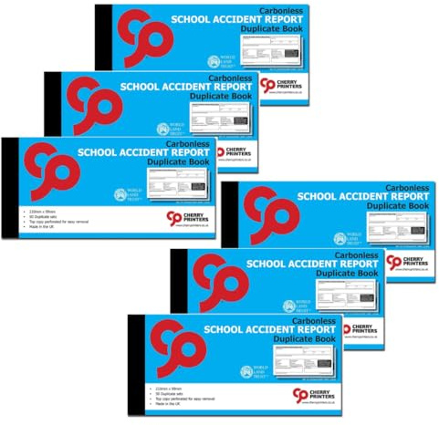 Cherry Printers Carbonless School Accident Report Duplicate Book GDPR | 99mm x 210mm | 50 2part Sets | Both Copies Perforated | Ideal for Schools, Nurseries & Childcare Providers **6 Pack**