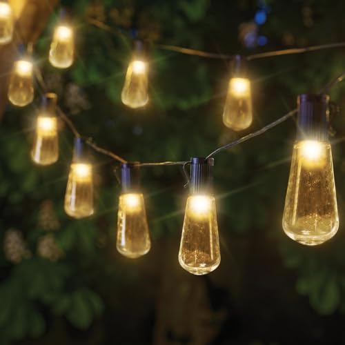 Set of 20 Solar Powered Deco Bulb String Lights – 10 Lumen Outdoor Garden Festoon Fairy Lighting with 60 Warm White LEDs for Wall, Fence, Tree, Parasol, Gazebo, Parties – Total Length 10m