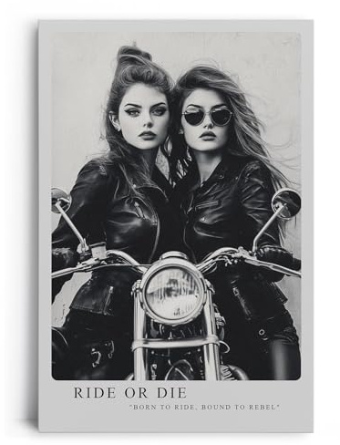 Paul Sinus Leinwandbild 60x90cm rebellische Bikerinnen in stilvoller Schwarz-Weiß-Ästhetik mit kraftvoller Dynamik – ikonisches Leinwandbild