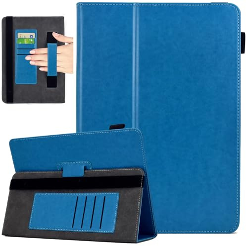 KEROM Universal Tablet Hülle 10 Zoll, Universal Tablet Hülle 10.1 Zoll, PU Leder Folio Ständer Schutzhülle für 9,5-10,5 Zoll Tablet, hat Handschlaufe, Kartenfächer, Stiftschlaufenhalter, Blau