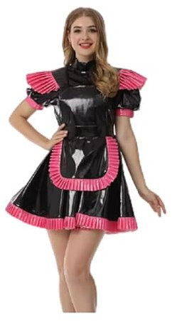LIXIAAOOKWEDG Schwarze PVC-Schürze mit kurzen Ärmeln, flauschig, plissiert, mehrfarbig, Patchwork, unabhängige Schürze, kurzer Rock, rot, 3XL