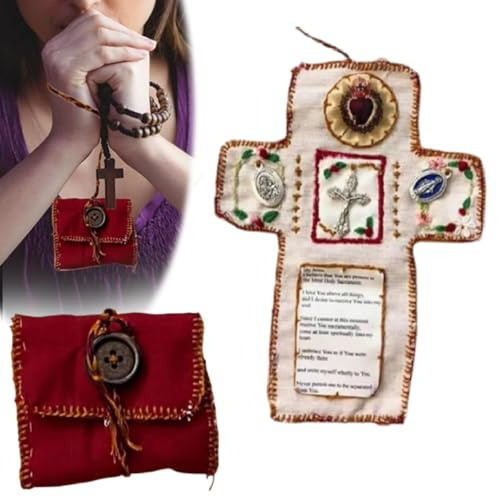 Santuario de bolsillo con cruz plateada incluida en el interior, tela católica de bolsillo, edredón de oración hecho a mano, regalos espirituales cristianos de aliento, mini santuario de cruz de
