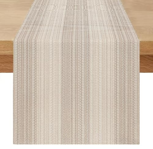 40 x 240 cm Washable Table Runner Modern Decorative Elegant Beige Brown Rustic Stripes Linen Look Table Decoration for Party, Birthday, Valentine's Day