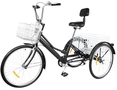 FortyFor 3 Räder Fahrrad, 24 Zoll Einstellbare Höhe 7-Gäng Dreirad mit Rückenlehn und 2 Korb Schwarz Tricycle für Erwachsene Senioren ältere Menschen, Mädchen, Jungen, Herren und Damen