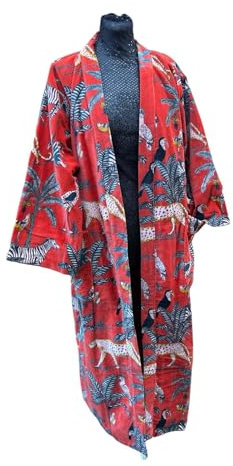 Spolverino in velluto rosso, elegante stampa floreale, giacca lunga kimono di ispirazione vintage, capispalla morbida ed elegante per tutte le stagioni | pezzo di dichiarazione Boho-Chic | design