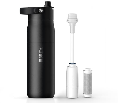 BRITA LARQ Essential Filter Trinkflasche mit Strohhalm schwarz (680 ml) | Edelstahl Wasser-Flasche, doppelwandige Isolierung (24h kalt), Aktivkohle Wasserfilter, filtert PFAS, Chlor & mehr