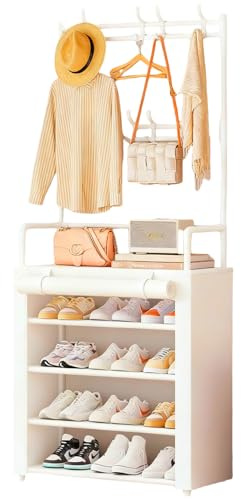 Ozzgen 2-in-1 Coat and Shoe Rack with Dust Cover - Double Hooks Entryway Shoe Bench, White Hallway Storage Organiser for Coats, Shoes, Bags & Umbrellas, Space-Saving Free Standing Design