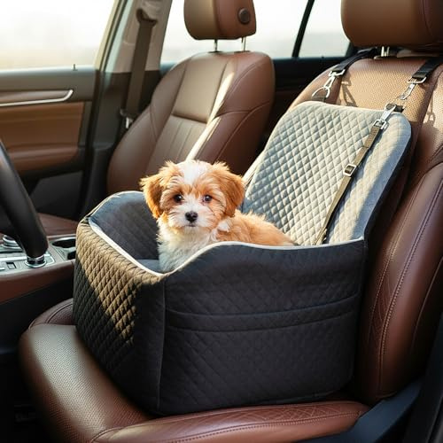 Dog Car Seat Booster Seat for Small & Medium Dogs up to 15kg/35lbs, Thick Padded Elevated Pet Car Bed with Safety Harness, Detachable Washable Cover, Storage Pockets, Non-Slip Base (Black/Grey)