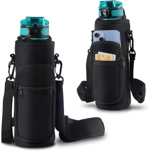 YEENAIV Sac de transport pour bouteille d'eau, 1 134 g, sac à bandoulière avec sangle réglable, porte-gobelet avec 2 poches pour la marche, la randonnée, le camping - Noir