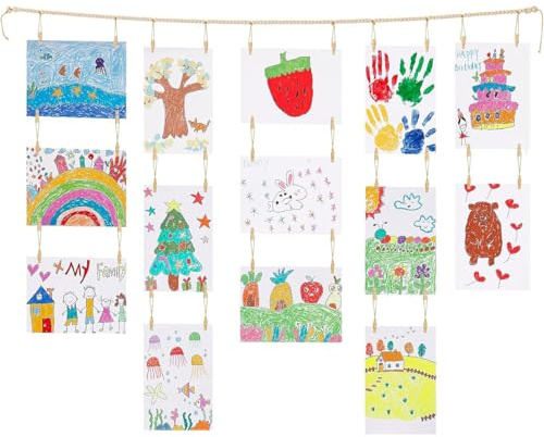 Duronge Fotogirlande mit 34 Holzklammern, 140cm Boho Fotoseil mit Holzperlen, Fotowand Kinderzeichnungen Aufhängung, Bilderhalter Wanddeko für Fotos, Postkarten & Kinder Kunstwerke, Naturholz