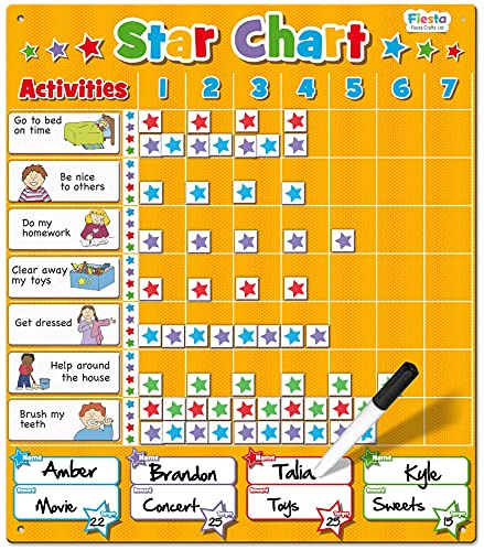 Multi child Reward Chart/Star Chart by Fiesta Crafts - Magnetic Chore Board for Kids & Toddlers - Colour-Coded For Each Child - Encourage Good Behaviour - Kids Behaviour Chart