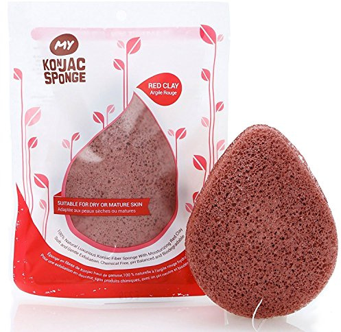MY Konjac Sponge All Natural Korean Fiber French Red Clay Facial Sponge. Excellent for Dry or Mature Skin. Halal, Leaping Bunny Cruelty Free and the Vegan Society Certified